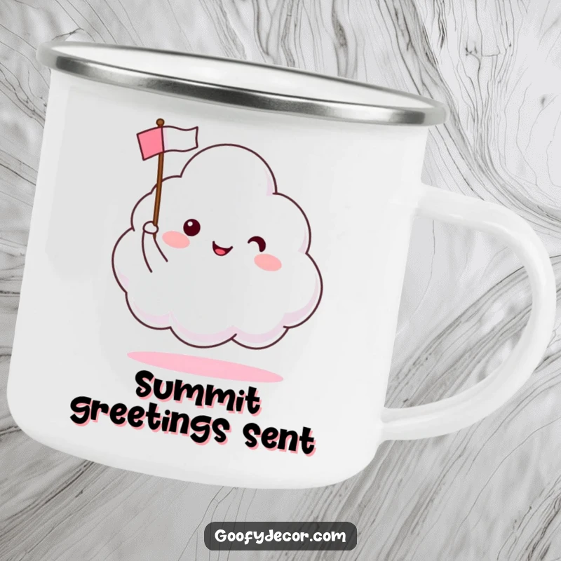 Funny camping mug with a happy cloud character waving a small flag, perfect for cheerful outdoor sipping.