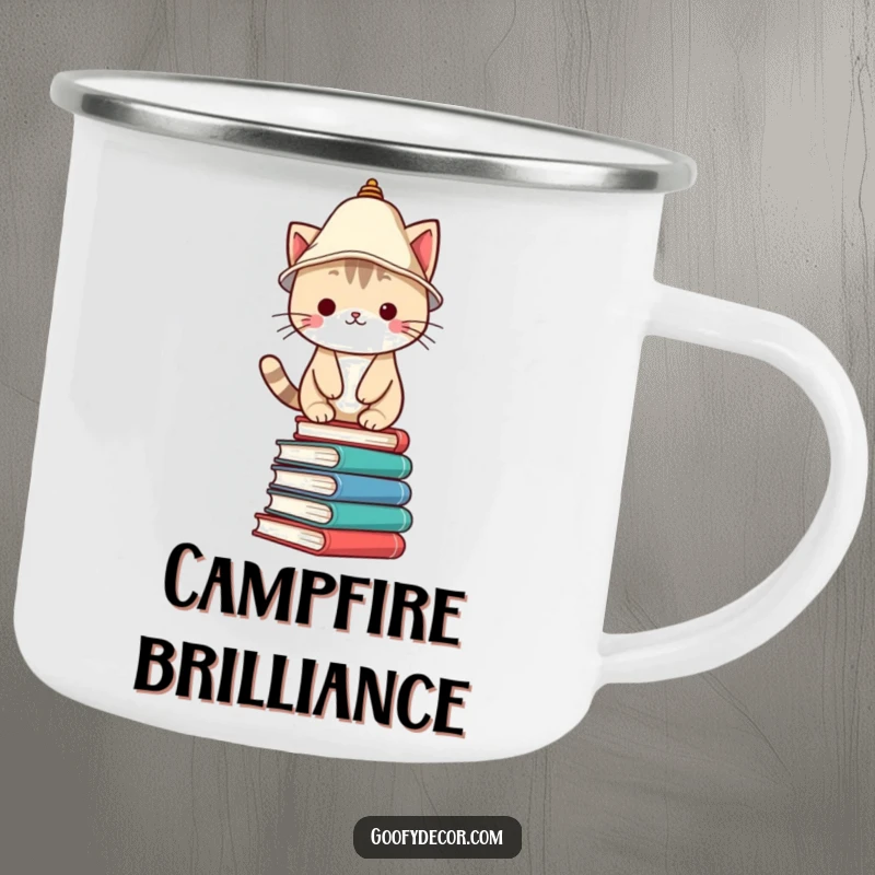 Funny Camping Mug with a Kawaii cat wearing a lampshade hat, balancing on books, ready for outdoor literary enjoyment.