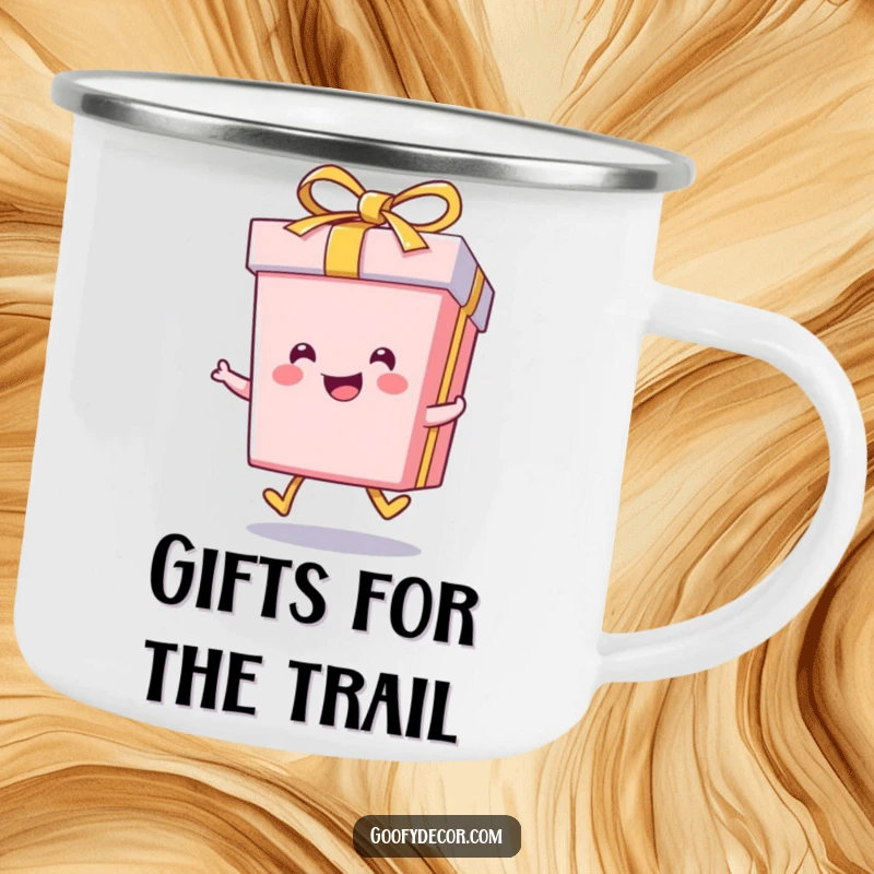 Funny kawaii smiling gift box character doing a happy skip, on a sturdy camping mug.