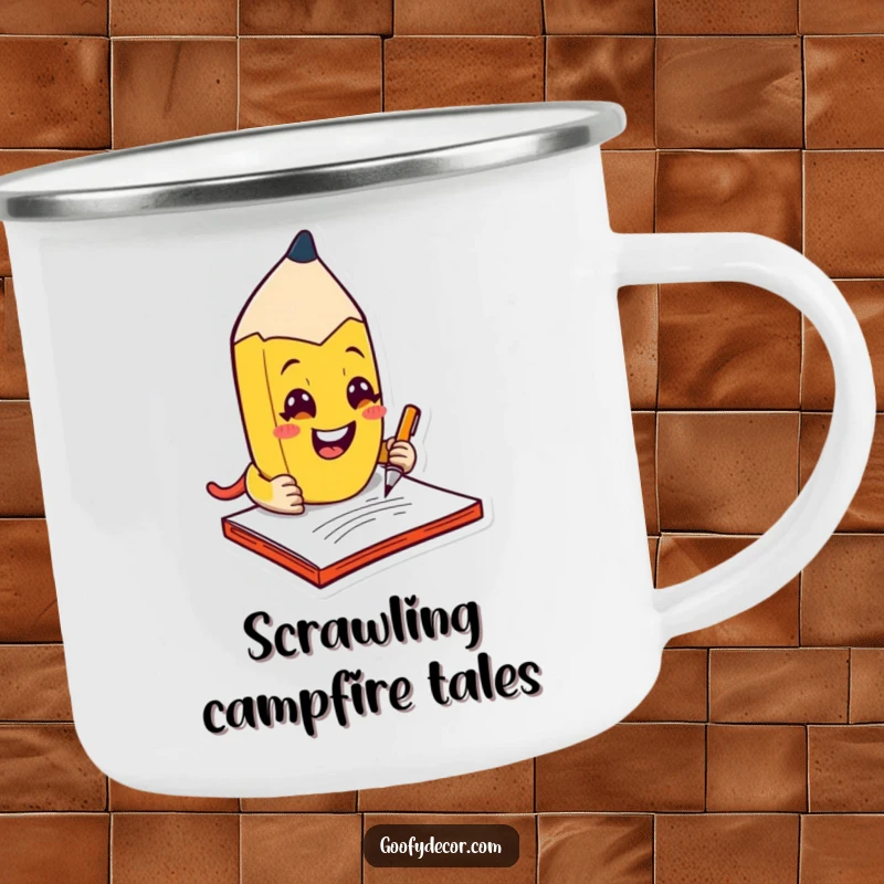 Funny kawaii mischievous pencil character scribbling with a grin, on a sturdy camping mug.