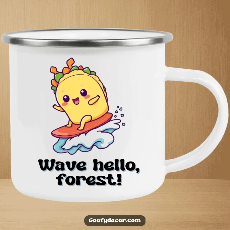 Funny kawaii taco character surfing a tiny wave on a durable enamel camping mug, perfect for outdoor use.