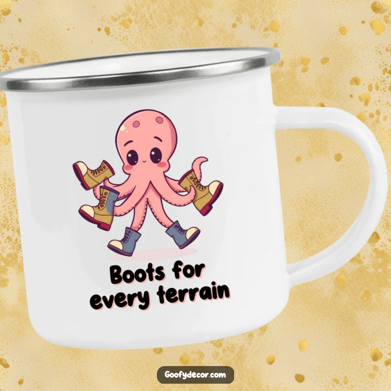 Funny octopus camping mug depicting a goofy octopus juggling boots, great for outdoor enthusiasts who enjoy humor.