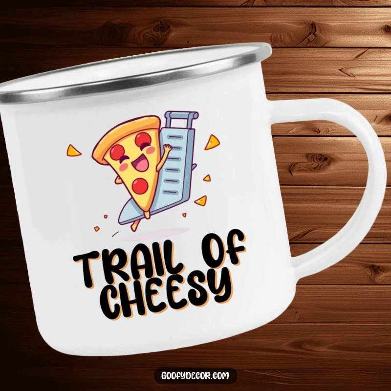 Funny camping mug showcasing a giggling pizza slice character bravely riding a runaway cheese grater.