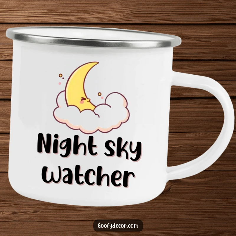 Funny shy moon camping mug depicting a timid crescent moon peeking from a cloud, durable and serene for nighttime adventures.
