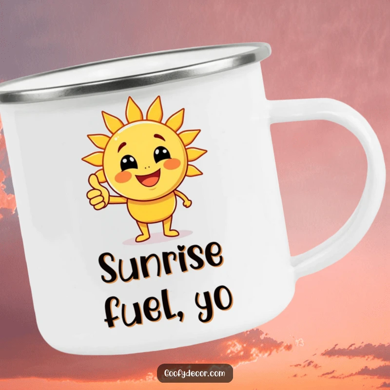 Funny joyful sun character with beaming rays giving a thumbs up on a durable camping mug, ideal for sunny outdoor mornings.