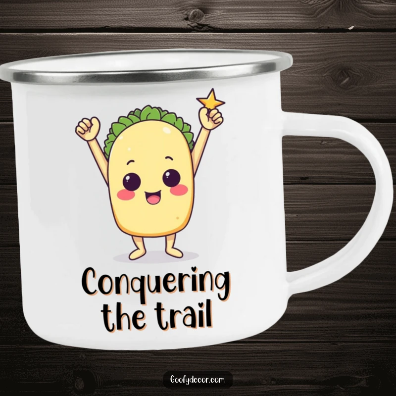Funny camping mug showcasing a triumphant taco character striking a victory pose in the great outdoors.