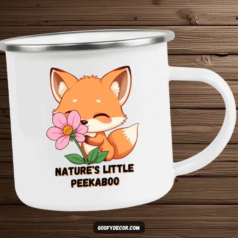 Funny winking fox peeking from behind a flower, on a sturdy camping mug, ideal for outdoor fun and a funny gift.