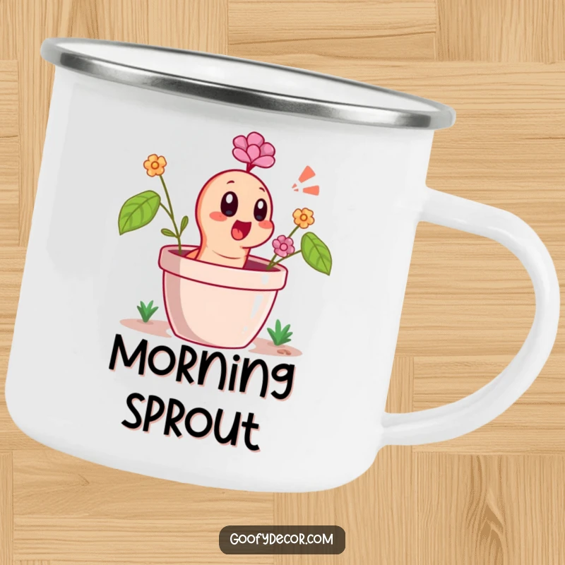 Funny Camping Mug with a cheerful worm character popping out of a flower pot with a surprised gasp, perfect for outdoor sipping.