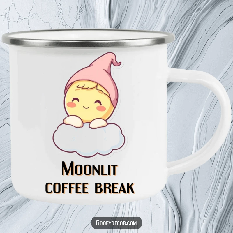 Funny camping mug showing a happy moon character in a sleep cap, peeking from behind a cloud.