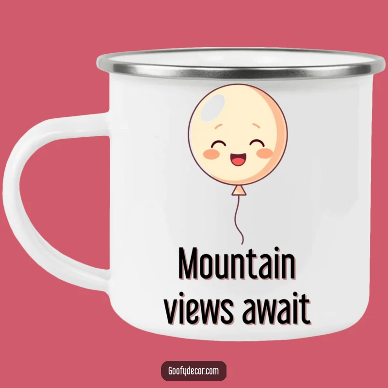 Funny Joyful Camp Mug: Balloon Character Floating Upwards, Great Funny Gift for Outdoors