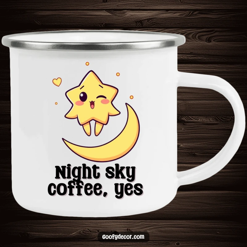 Funny camping mug featuring a surprised star character winking while balancing on a crescent moon, designed for humorous outdoor enjoyment.