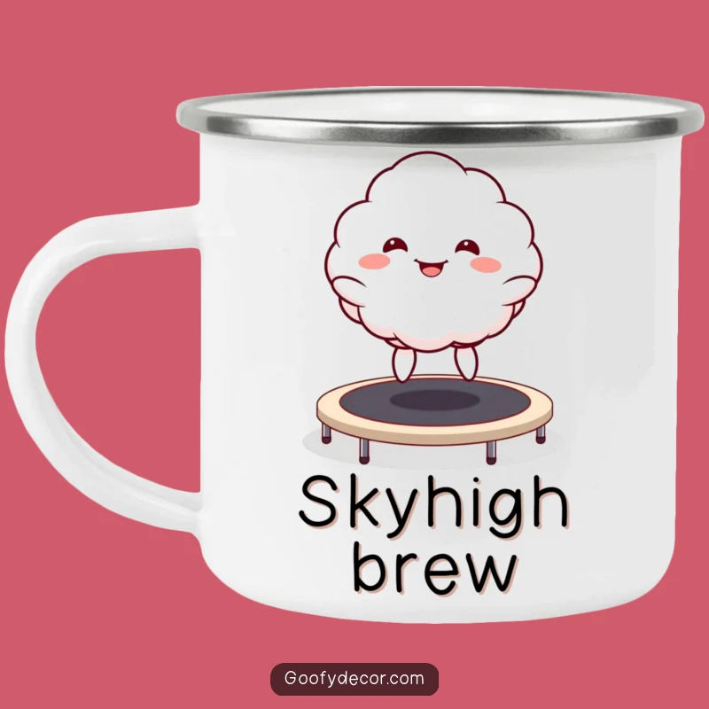 Funny Kawaii Cloud Trampoline Camping Mug: Goofy Grin Enamel Mug for Outdoors