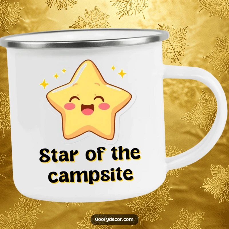Funny camping mug showing a cheerful star character winking with twinkling rays.