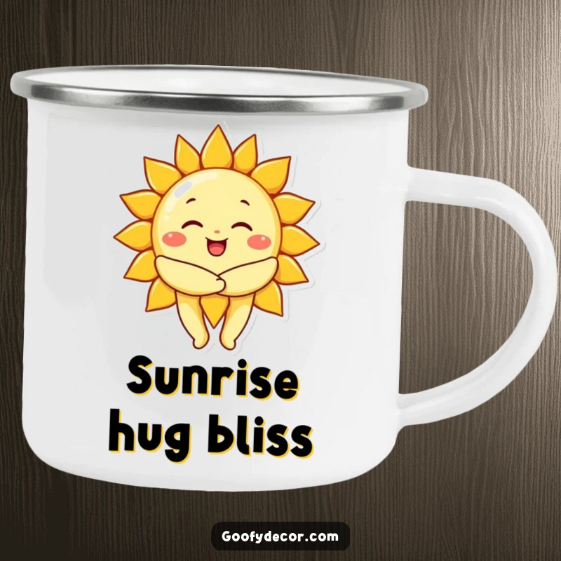 Funny cheerful sun character giving a big, warm hug, on a camping mug for bringing warmth to outdoor adventures.