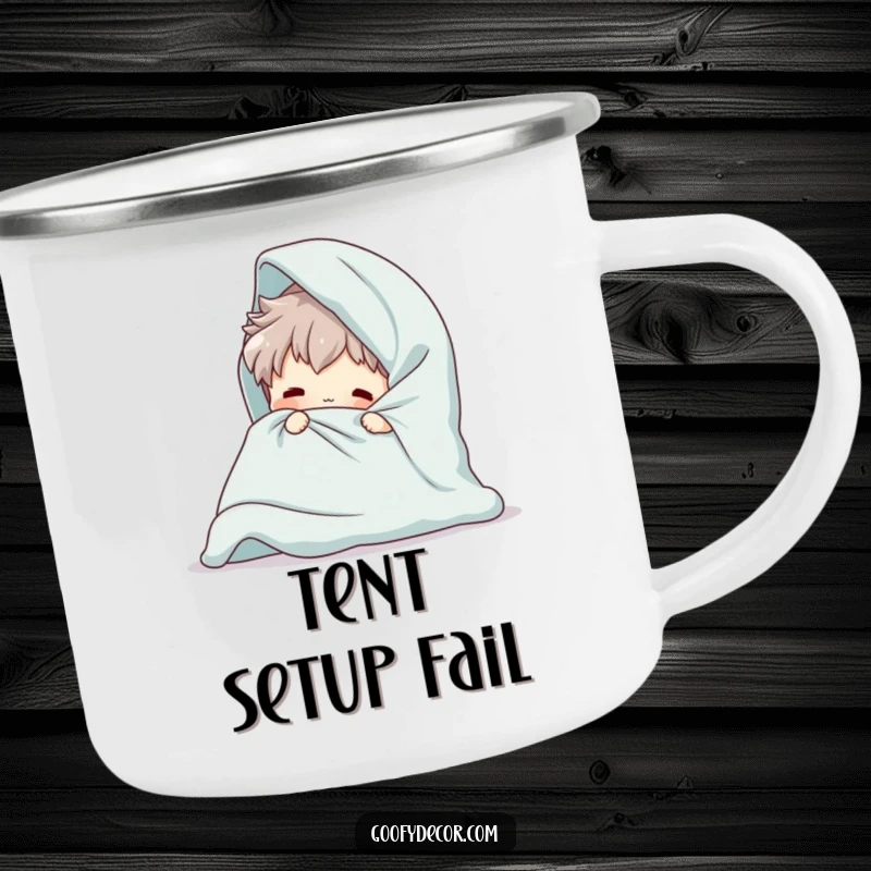 Funny Giant Blanket Camping Mug with a playful character hilariously folding an oversized blanket, designed for durability and laughs.