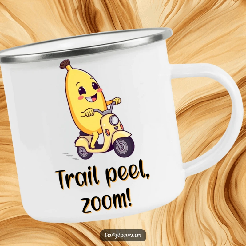 Funny camping mug featuring a grinning banana riding a scooter, ideal for outdoor brews and humorous journeys.
