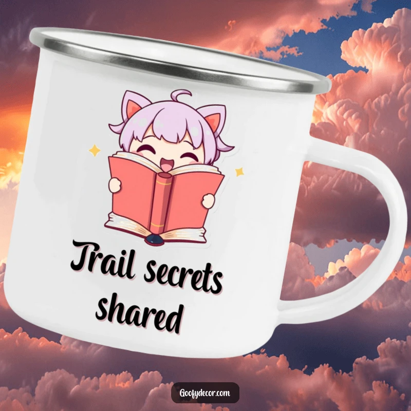 Funny camping mug with a cute book character excitedly opening its pages to reveal a secret, for outdoor enthusiasts.