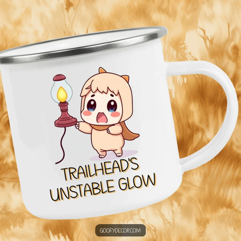 Funny surprised character camping mug, hilariously grappling with a wobbly lamp, perfect for outdoor humor.