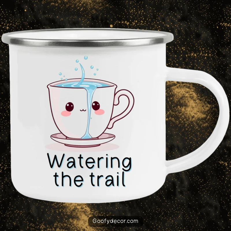 Playful teacup character pouring sparkling water, on an enamel camping mug for outdoor use.