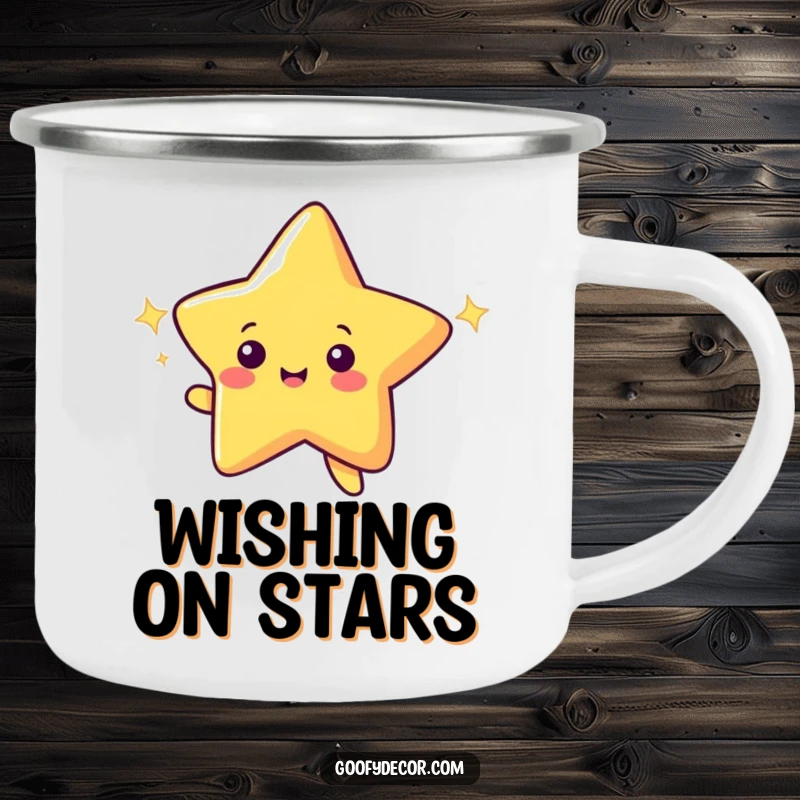 Funny camping mug featuring a cheerful shooting star character making a wish with a bright, sparkling trail, ready for adventure.