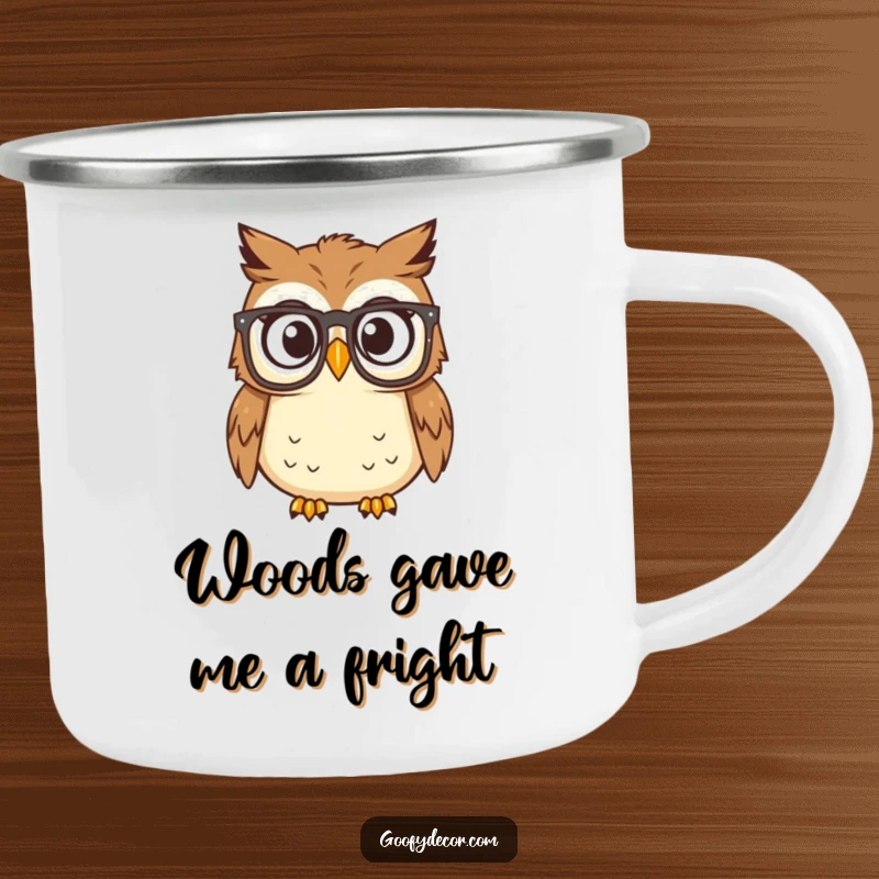 Funny owl with reading glasses looking surprised on a camping mug, great for outdoor humor.