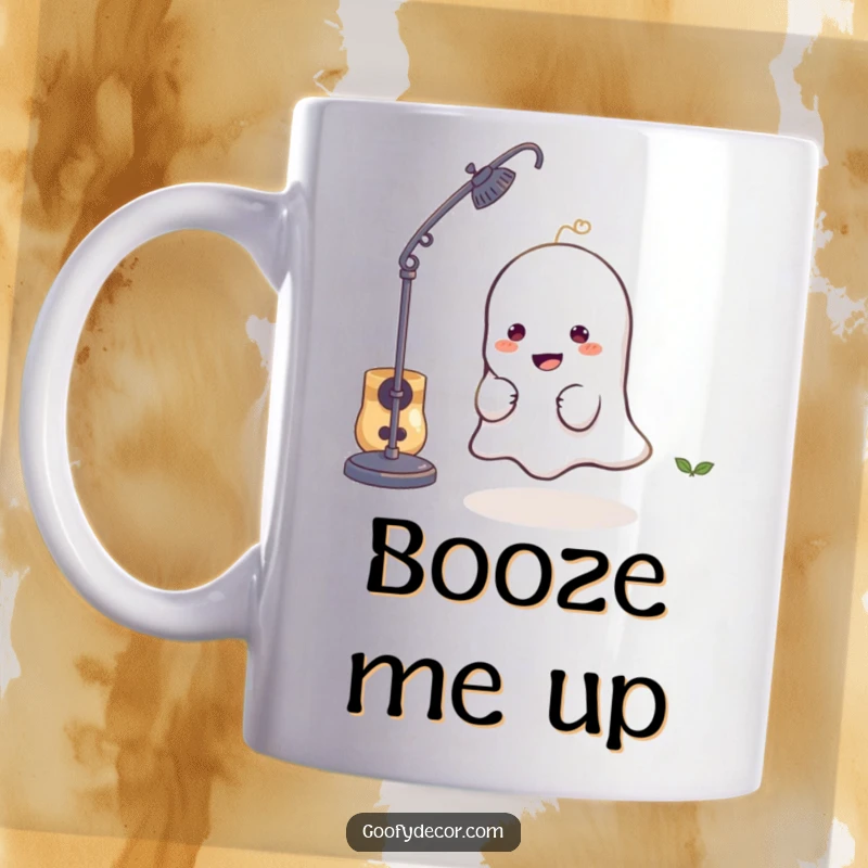 Funny mug featuring a cute, mischievous little ghost character playfully hiding behind a lamp, perfect for spooky fun.