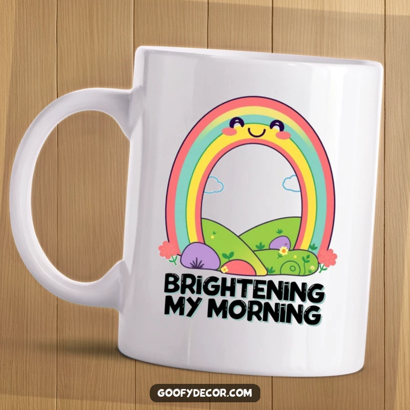 Funny playful rainbow character mug with a big, happy smile, arching over a vibrant, smiling landscape. Brings color and cheer.