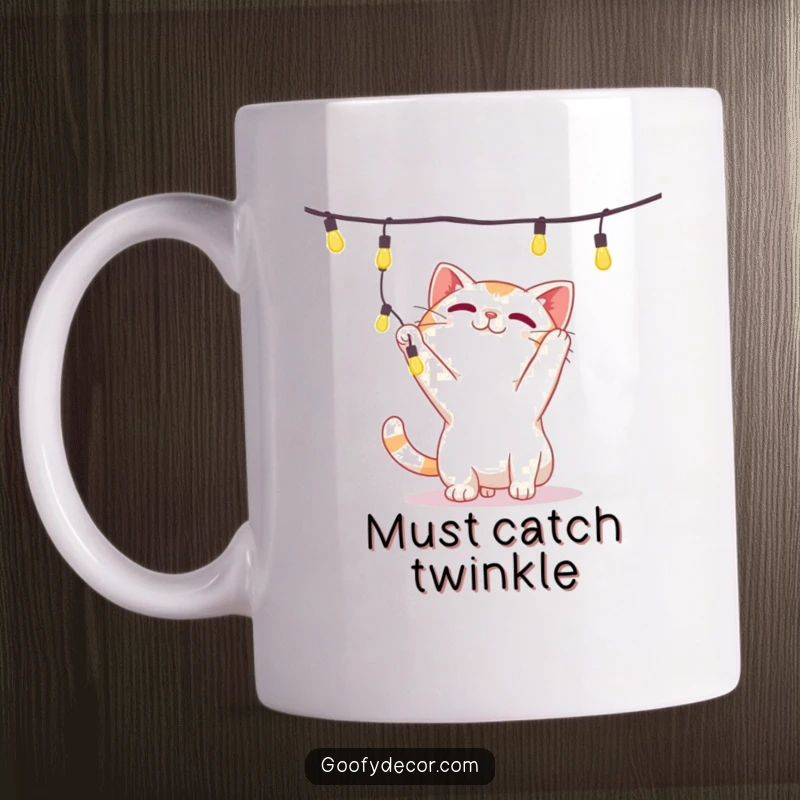 Funny mug featuring a playful cat character gleefully batting at a dangling string of colorful festive lights.