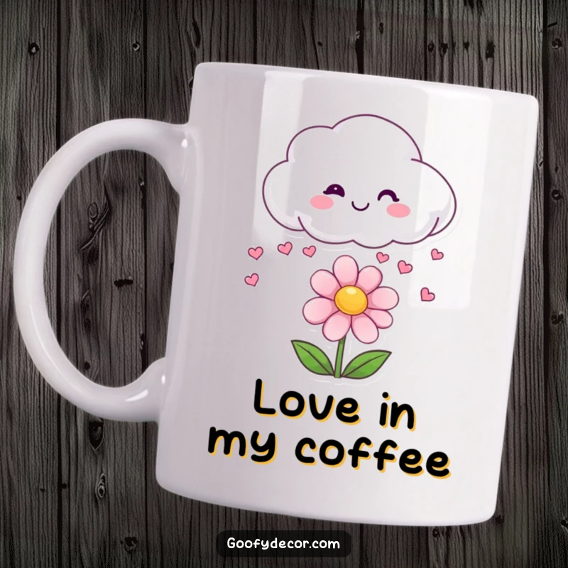 Funny mug showing a smiling cloud character playfully raining small red hearts onto a cheerful flower.