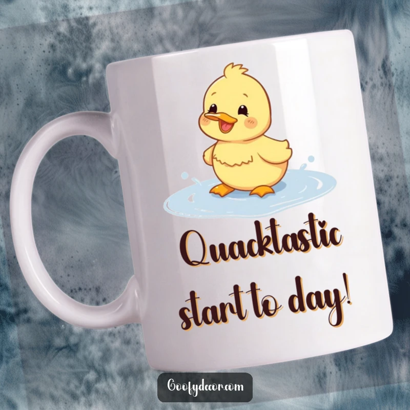 Funny duckling mug featuring a happy duckling joyfully splashing in a puddle, spreading cheer and humor.