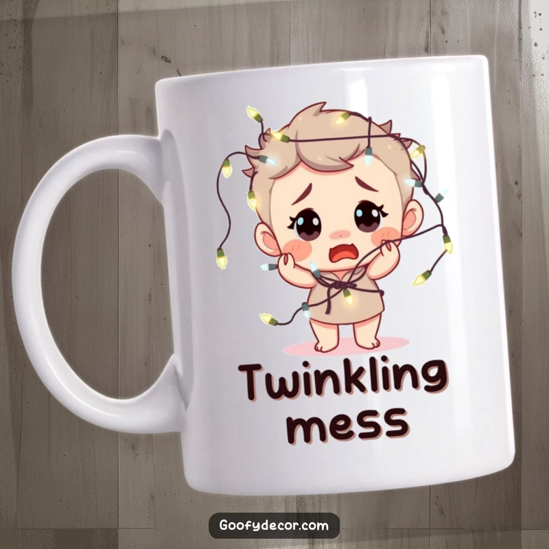 Funny mug depicting a bewildered character hilariously tangled in a string of fairy lights, a festive mishap.