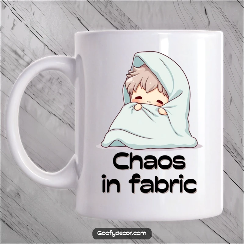 Funny Giant Blanket Mug featuring a playful character hilariously struggling to fold an oversized blanket.
