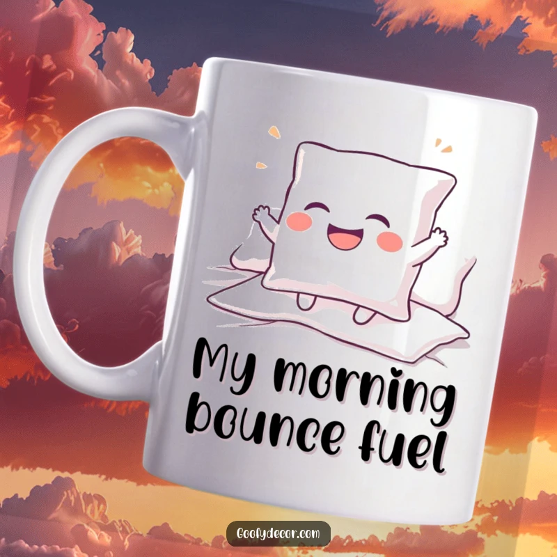 Funny mug featuring a giggling pillow character bouncing joyfully on a bed, embodying laughter and lightheartedness.
