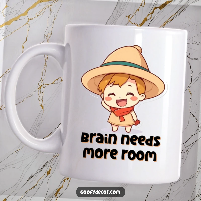 Funny grinning character mug, joyfully attempting to wear a ridiculously oversized hat, embodying cheerful absurdity.