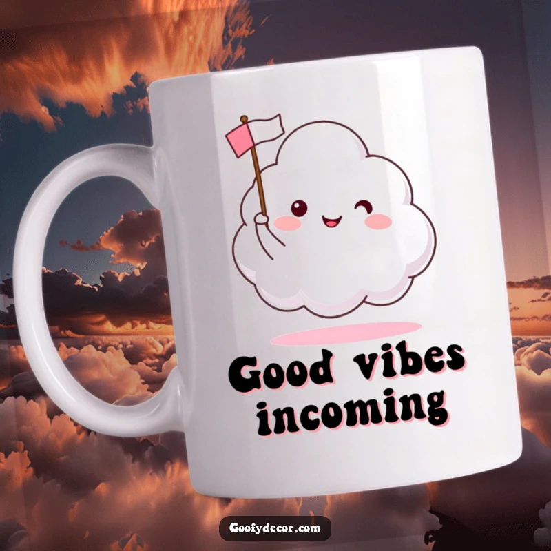 Funny mug showcasing a happy cloud character cheerfully waving a small flag, symbolizing joy and good times.