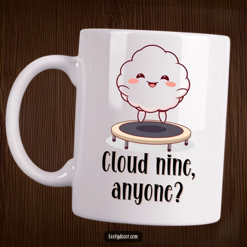 Funny Kawaii Cloud Mug featuring a goofy grinning cloud character joyfully bouncing high on a trampoline, radiating pure delight.