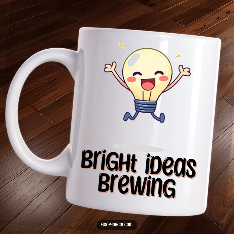 Funny kawaii lightbulb character with a bright shining light, performing an energetic, joyous leap on a mug.