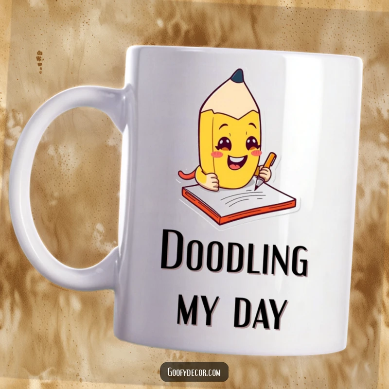 Funny kawaii mischievous pencil character scribbling on a notepad with a playful grin on a mug.