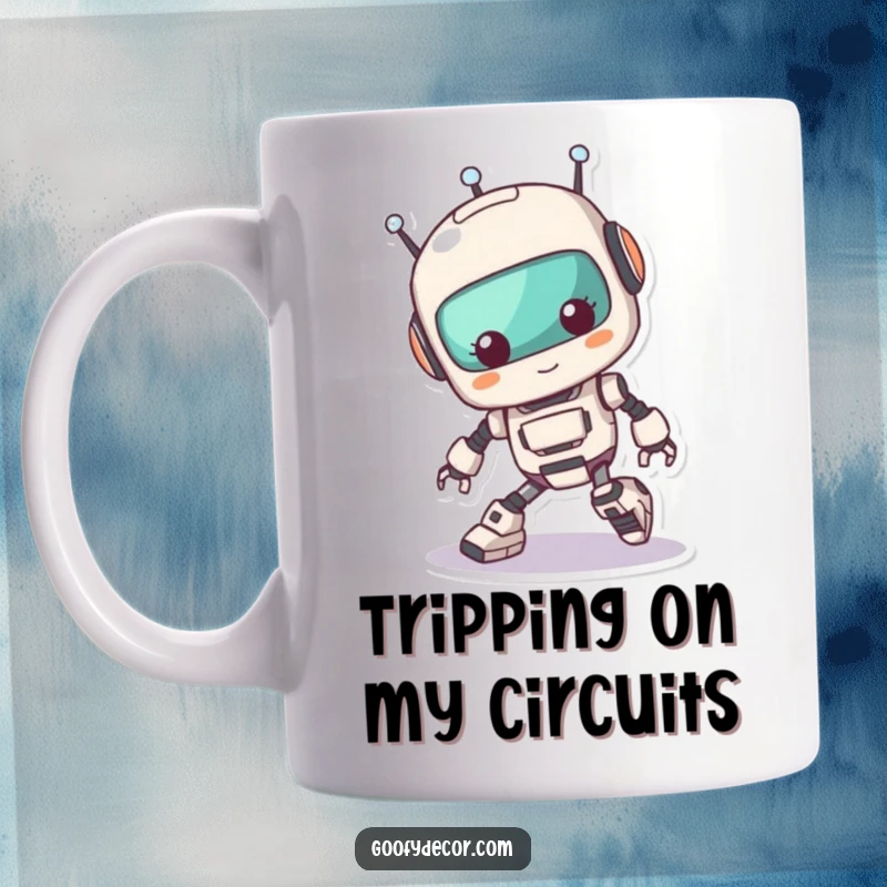 Funny Kawaii Robot Tripping Mug: Cute robot character comically tripping over its feet, bringing mechanical mishap humor. A delightful funny gift.
