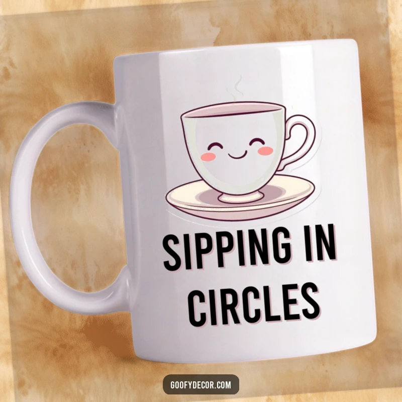 Funny Kawaii Teacup Mug featuring a smiling kawaii teacup character happily spinning on its saucer, radiating pure joy and warmth.