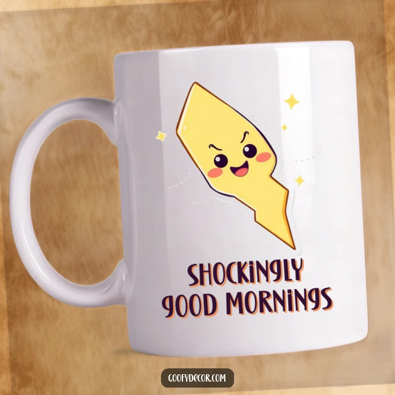 Funny lightning bolt character with mischievous grin zig-zagging across a lightning bolt mug, symbolizing energy and fun.