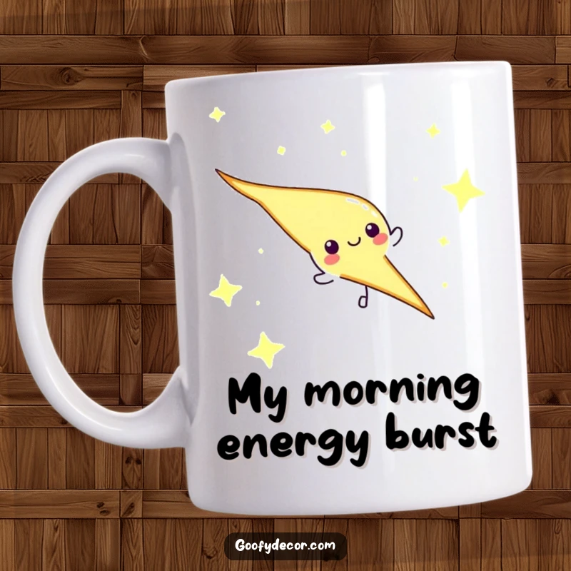 Funny lightning bolt character streaking across a starry night sky on a mug, conveying energetic fun.