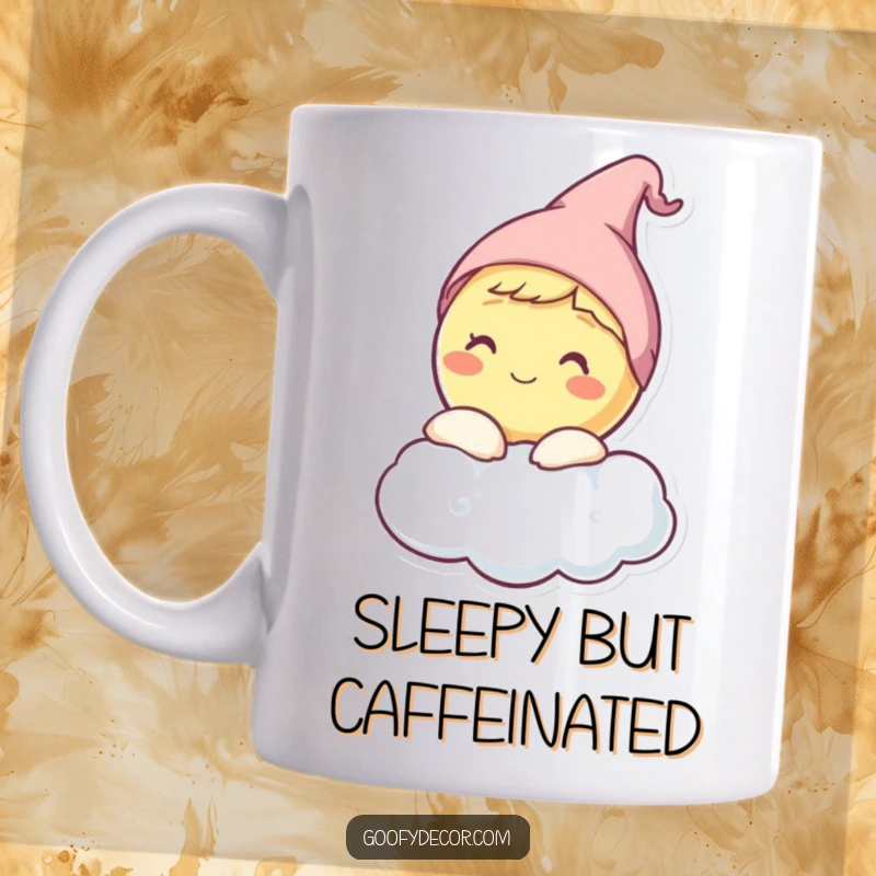 Funny mug showing a happy moon character wearing a small sleeping cap, peeking from behind a soft cloud.