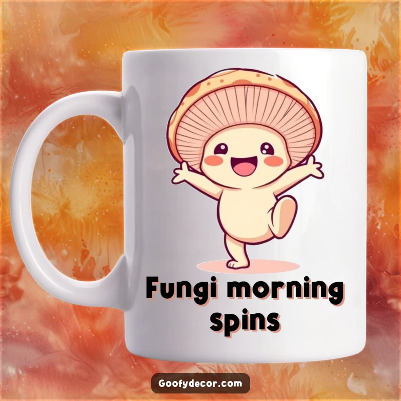 Funny mug featuring a smiling mushroom character enthusiastically doing a cartwheel, embodying joy and playful energy.