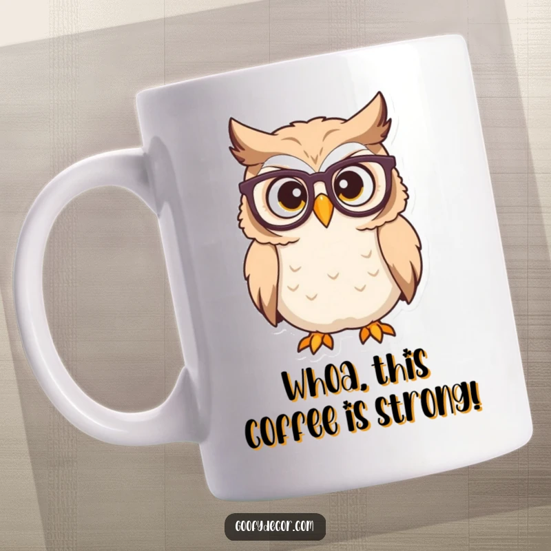 Funny owl mug showing a determined character with glasses looking surprised, perfect for readers and coffee drinkers.