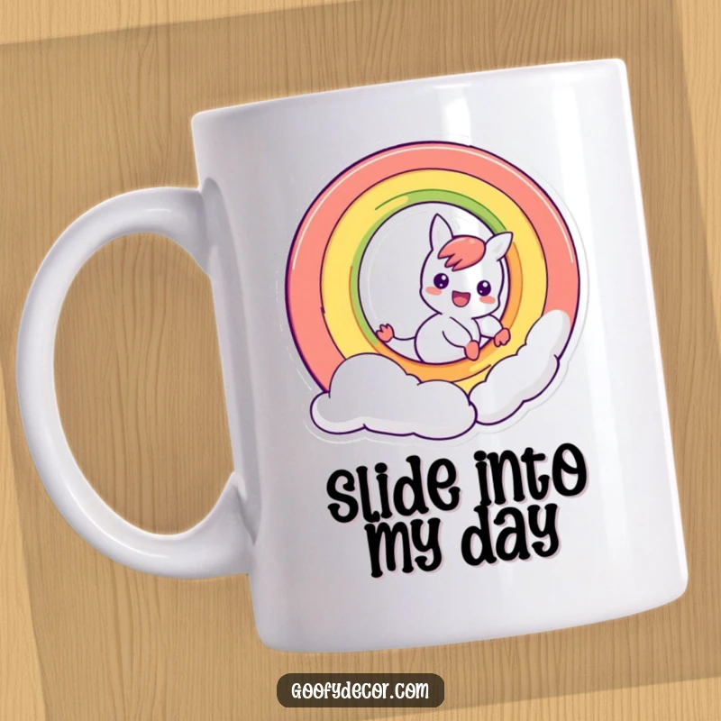 Funny mischievous rainbow character sliding down its own arc, on a mug, radiating fun and color.