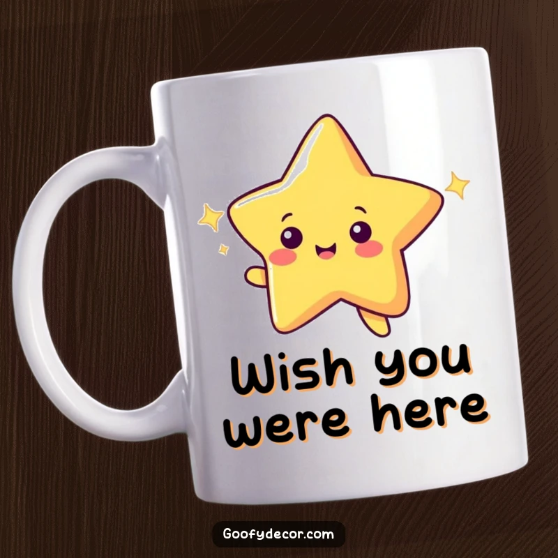 Funny shooting star mug featuring a cheerful character making a wish with a bright, sparkling trail.