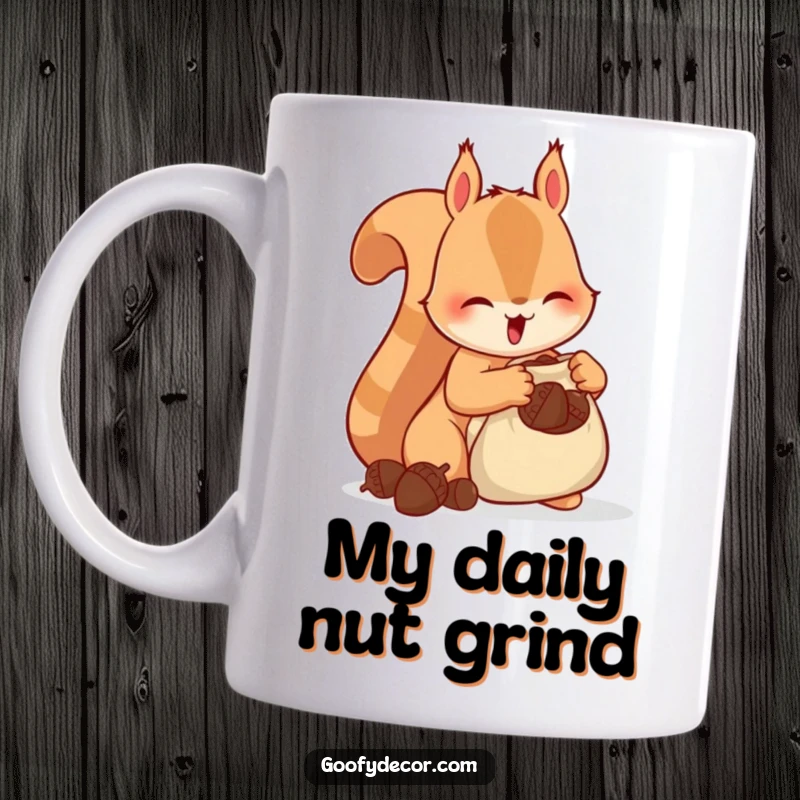 Funny Squirrel Mug featuring a happy squirrel excitedly stuffing acorns into a tiny bag, symbolizing preparedness and joy.