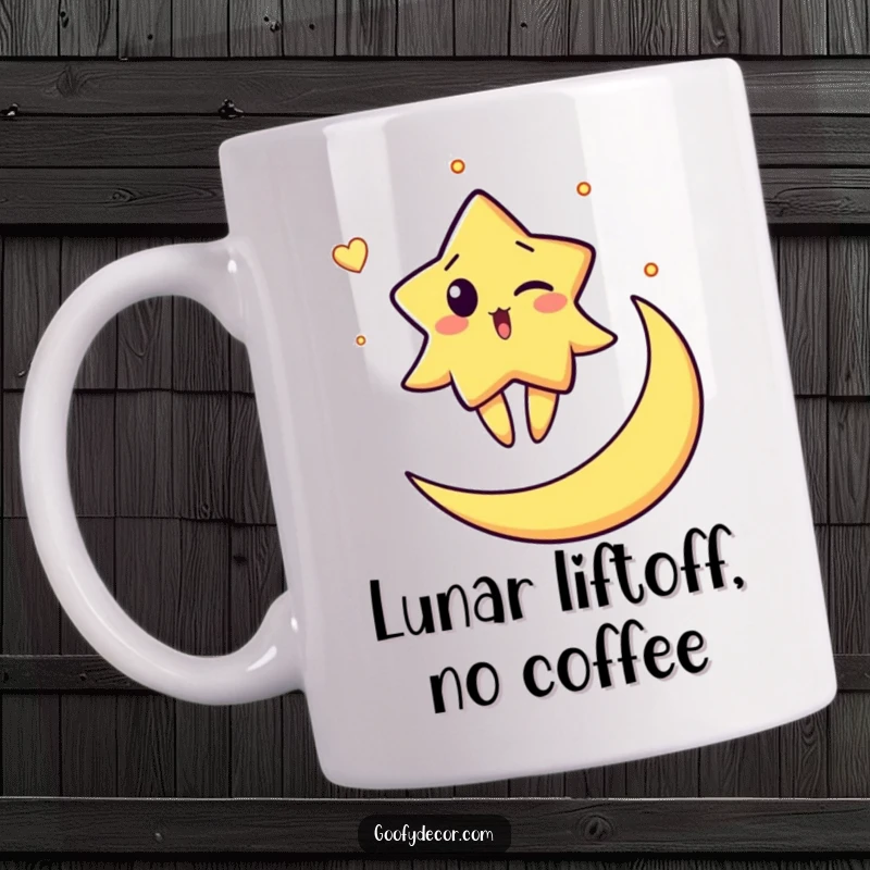 Funny mug featuring a surprised star character playfully winking while balancing on a crescent moon, radiating cosmic charm and humor.