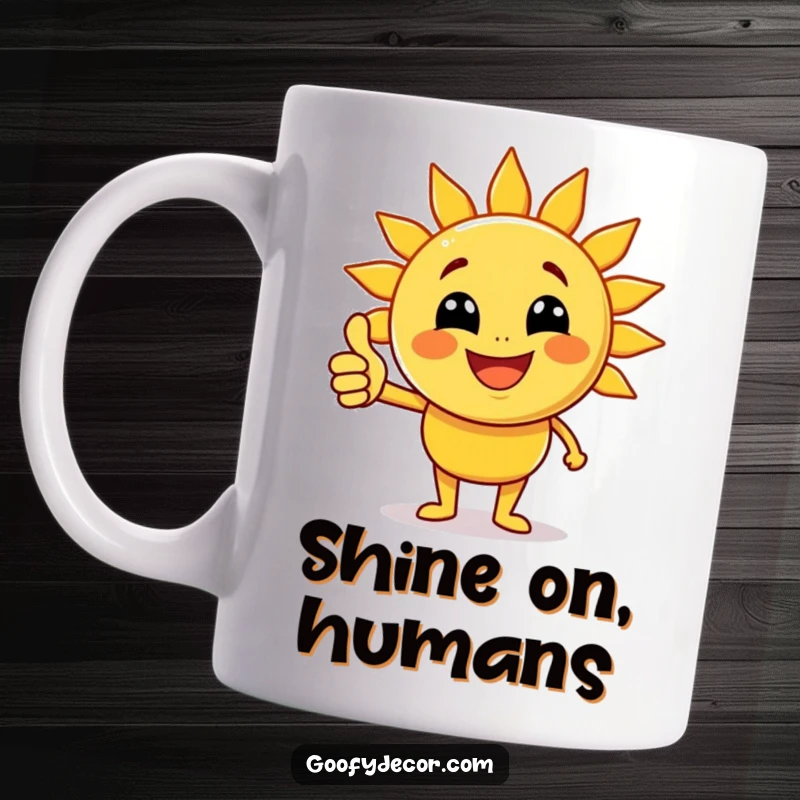 Funny joyful sun character with beaming rays giving a thumbs up on a mug, symbolizing happiness and positivity.